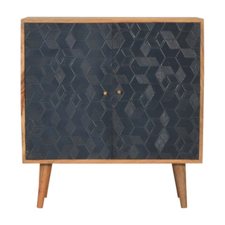 Indra Display Cabinet Navy Blue 3D Geometric Cube Relief Carved Oak Frame