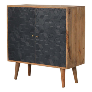 Indra Display Cabinet Navy Blue 3D Geometric Cube Relief Carved Oak Frame