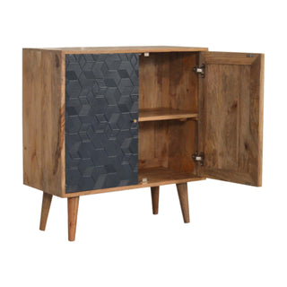 Indra Display Cabinet Navy Blue 3D Geometric Cube Relief Carved Oak Frame