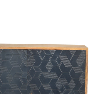 Indra Display Cabinet Navy Blue 3D Geometric Cube Relief Carved Oak Frame