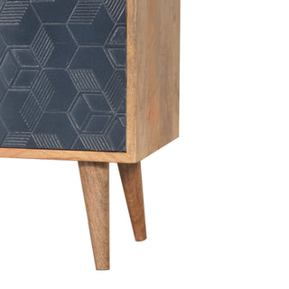 Indra Display Cabinet Navy Blue 3D Geometric Cube Relief Carved Oak Frame