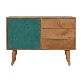 Reef Sideboard Cabinet Teal Cube Relief Door Three-Drawer Natural Oak Asymmetric