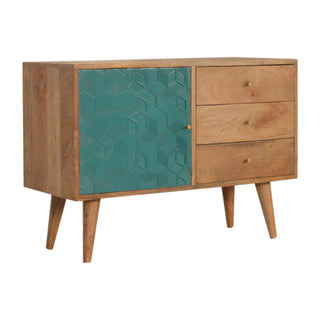 Reef Sideboard Cabinet Teal Cube Relief Door Three-Drawer Natural Oak Asymmetric