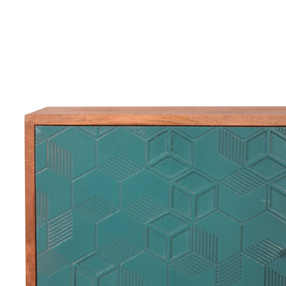 Reef Sideboard Cabinet Teal Cube Relief Door Three-Drawer Natural Oak Asymmetric
