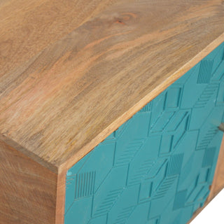Reef Sideboard Cabinet Teal Cube Relief Door Three-Drawer Natural Oak Asymmetric