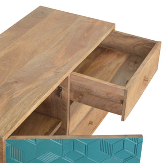 Reef Sideboard Cabinet Teal Cube Relief Door Three-Drawer Natural Oak Asymmetric
