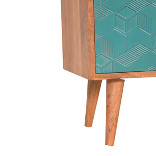Reef Sideboard Cabinet Teal Cube Relief Door Three-Drawer Natural Oak Asymmetric
