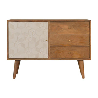 Alabaster Small Sideboard with White Carved Cube Door Panel and Nordic Tapered Legs