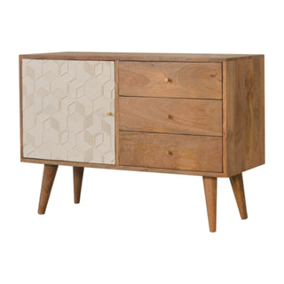 Alabaster Small Sideboard with White Carved Cube Door Panel and Nordic Tapered Legs