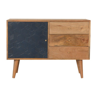 Dusk Sideboard Cabinet Navy Cube Relief Door Three-Drawer Natural Oak Asymmetric