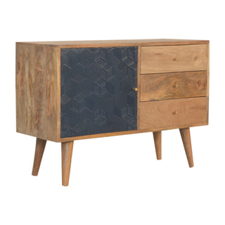 Dusk Sideboard Cabinet Navy Cube Relief Door Three-Drawer Natural Oak Asymmetric