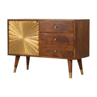 Aurion Small Sideboard with Brass Sunburst Cabinet Door and Brass-Capped Tapered Legs
