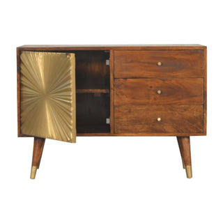 Aurion Small Sideboard with Brass Sunburst Cabinet Door and Brass-Capped Tapered Legs