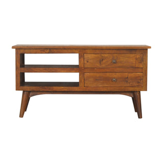 Teak Media Unit Chestnut Lacquered Mango Wood Twin Drawers Brass Handles Wooden Runners with Nordic Legs