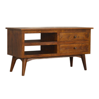 Teak Media Unit Chestnut Lacquered Mango Wood Twin Drawers Brass Handles Wooden Runners with Nordic Legs