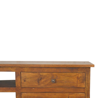 Teak Media Unit Chestnut Lacquered Mango Wood Twin Drawers Brass Handles Wooden Runners with Nordic Legs