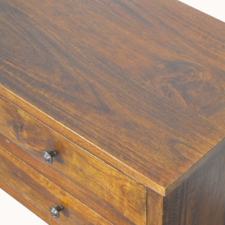 Teak Media Unit Chestnut Lacquered Mango Wood Twin Drawers Brass Handles Wooden Runners with Nordic Legs