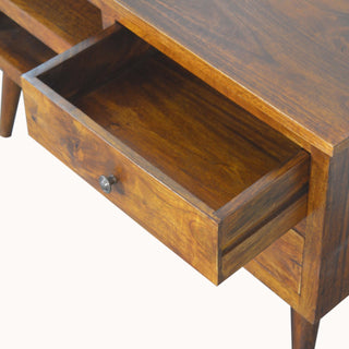 Teak Media Unit Chestnut Lacquered Mango Wood Twin Drawers Brass Handles Wooden Runners with Nordic Legs