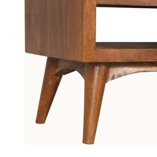Teak Media Unit Chestnut Lacquered Mango Wood Twin Drawers Brass Handles Wooden Runners with Nordic Legs