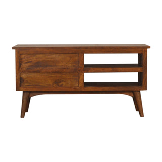 Teak Media Unit Chestnut Lacquered Mango Wood Twin Drawers Brass Handles Wooden Runners with Nordic Legs