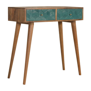 Teal Console Table with Drawers Hand-Carved Cube Teal Oak Mango Wood