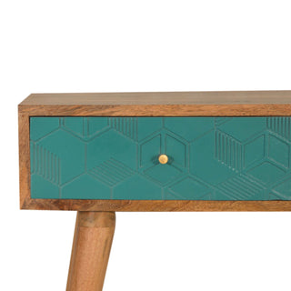 Teal Console Table with Drawers Hand-Carved Cube Teal Oak Mango Wood
