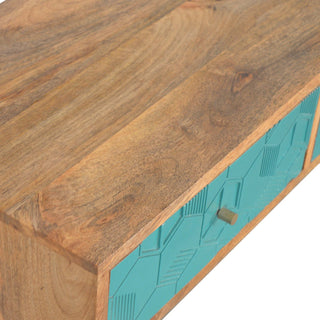 Teal Console Table with Drawers Hand-Carved Cube Teal Oak Mango Wood