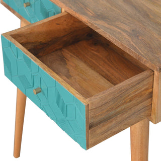 Teal Console Table with Drawers Hand-Carved Cube Teal Oak Mango Wood