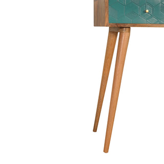 Teal Console Table with Drawers Hand-Carved Cube Teal Oak Mango Wood