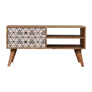 Axel Media Unit Oak Mango Wood Black & White Triangle Screen-Printed Drawers with Nordic Legs