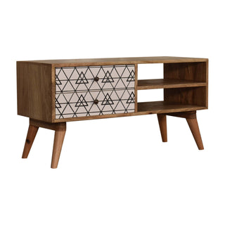 Axel Media Unit Oak Mango Wood Black & White Triangle Screen-Printed Drawers with Nordic Legs