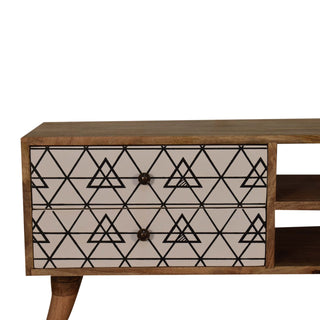 Axel Media Unit Oak Mango Wood Black & White Triangle Screen-Printed Drawers with Nordic Legs