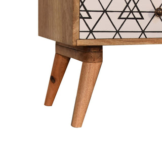 Axel Media Unit Oak Mango Wood Black & White Triangle Screen-Printed Drawers with Nordic Legs