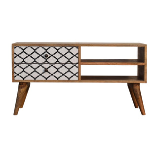 Moro Media Unit Oak Mango Wood Black & White Lattice Screen-Printed Drawers with Nordic Legs