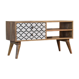 Moro Media Unit Oak Mango Wood Black & White Lattice Screen-Printed Drawers with Nordic Legs