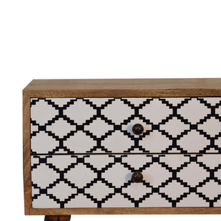 Moro Media Unit Oak Mango Wood Black & White Lattice Screen-Printed Drawers with Nordic Legs