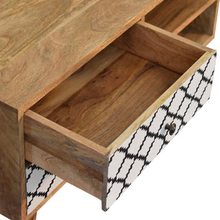 Moro Media Unit Oak Mango Wood Black & White Lattice Screen-Printed Drawers with Nordic Legs