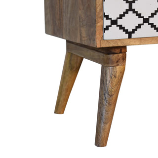 Moro Media Unit Oak Mango Wood Black & White Lattice Screen-Printed Drawers with Nordic Legs