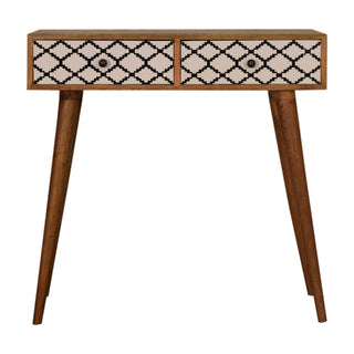 Demi Slim Console Table with Drawers Trellis Screen Print Nordic Legs Oak Mango Wood