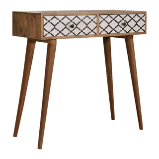 Demi Slim Console Table with Drawers Trellis Screen Print Nordic Legs Oak Mango Wood