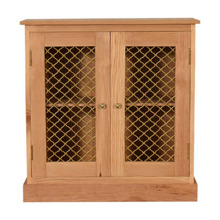 Wicker Display Cabinet Solid Oak Wire Mesh Twin-Door Plinth Base Natural Finish