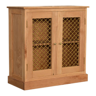 Wicker Display Cabinet Solid Oak Wire Mesh Twin-Door Plinth Base Natural Finish