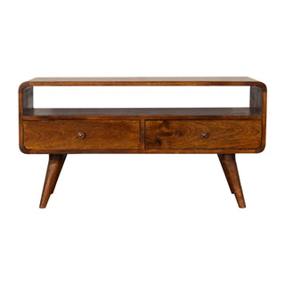 Cable Media Unit Chestnut Mango Wood Curved Body Twin Drawers Built-In Cable Access with Scandi Legs