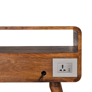 Cable Media Unit Chestnut Mango Wood Curved Body Twin Drawers Built-In Cable Access with Scandi Legs