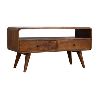 Cable Media Unit Chestnut Mango Wood Curved Body Twin Drawers Built-In Cable Access with Scandi Legs