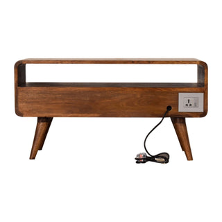 Cable Media Unit Chestnut Mango Wood Curved Body Twin Drawers Built-In Cable Access with Scandi Legs
