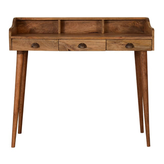 Halston Writing Desk Mango Wood Triple Drawer Gallery Back With Cable Management