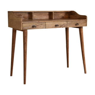 Halston Writing Desk Mango Wood Triple Drawer Gallery Back With Cable Management