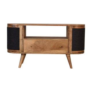 Onyx Media Unit Oak Mango Wood Black Woven Door Fronts Oval Body with Nordic Tapered Legs