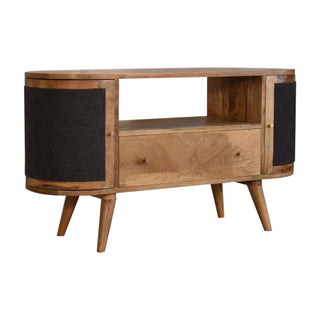 Onyx Media Unit Oak Mango Wood Black Woven Door Fronts Oval Body with Nordic Tapered Legs
